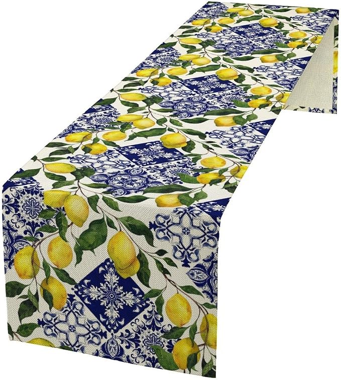 Lemon Fruit Nature Table Runner Farmhouse Talavera Ethnic Folk Rustic Watercolor Blue Dining Table Decoration for Home Holiday Party Dresser Kitchen Cabin Restaurant Wedding Decor 13×120in