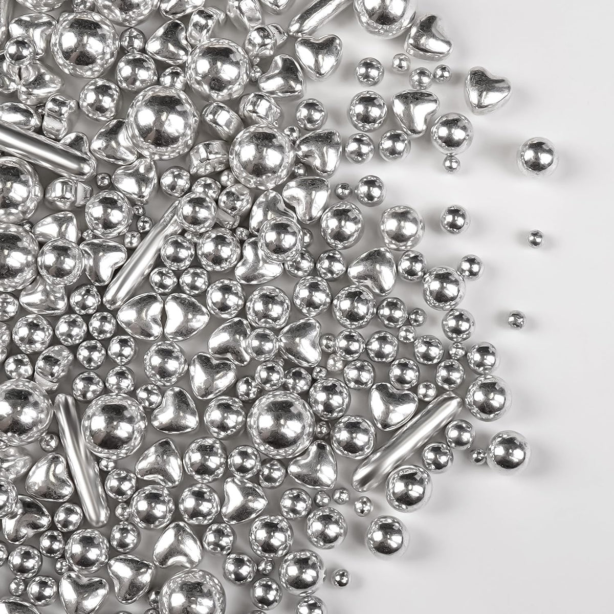 Silver Pearl Rods Heart Sprinkles, Baking Sugar, Silver Sprinkles for Cake, Mix Size, Cupcake Decoration, Holiday, Mother's Day