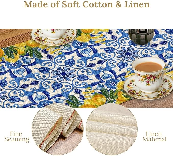 Blue Lemon Table Runner, Italy Tile Yellow Lemon Fruit Table Runners for Farmhouse Coffee Home Kitchen Dining Party Patio Indoor Outdoor 13x90in