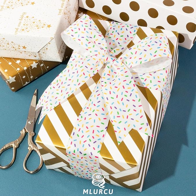Candy Sprinkle Grosgrain Ribbon 3 Rolls Donuts White Colorful Sprinkle Ribbon 5/8", 7/8", 1.5" for Gift Wrapping, Birthday Donuts Theme Party, Baby Shower, Wreaths, Hair Bows, Banners, Candy Bags