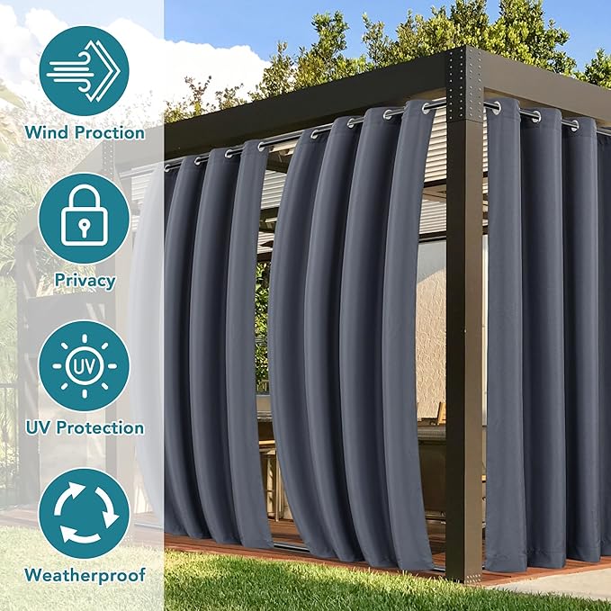 HolidayIdeas Outdoor Curtains for Patio Waterproof-4 Panels Windproof Weatherproof Privacy Curtains-Grommet Top and Tab Bottom Drape for Gazebo, Porch, Pergola, Cabana, Backyard 54x108 Inch Grey