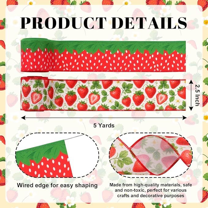 Strawberry Wired Edge Burlap Ribbons 2 Pack - 2.5 Inch Spring Theme Ribbon Set, 5 Yards Each for Wreaths Crafts Decorations Gift Wrapping