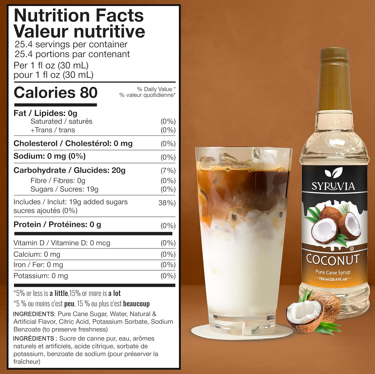 Syruvia Coconut Coffee Syrup - 25.4 fl oz. Premium Coffee Flavoring Syrup. Kosher, and Gluten-Free. Perfect for Enhancing Drinks, Sodas, Shakes