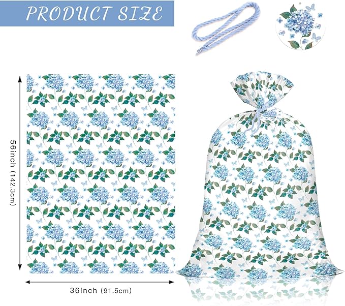 WRAPAHOLIC 56" Large Hydrangea Floral Plastic Gift Bag - Blue Hydrangea Flower Jumbo Bike Bag Gift Wrap for Wedding, Birthday, Bridal Shower, Tea Party - 56" H x 36" W