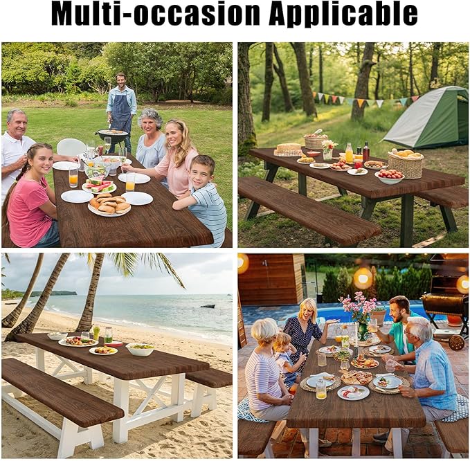Smiry Picnic Table Cover with Bench Covers, Waterproof Elastic Fitted Tablecloth for 8 Foot Tables, Washable Polyester Tablecloths for Camping, Indoor & Outdoor (Brown, 30x96 Inch 3-pc Set)
