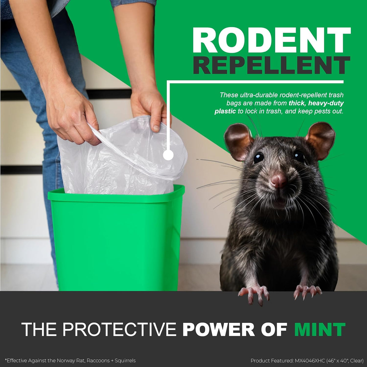 Mint-X MintFlex Rodent Repellent Trash Bags, Tall Kitchen Drawstring Bags, 1 FT 11 ¾ Inches X 2 FT 1 Inch, 0.90 MIL, 13 Gallon, 40 Count