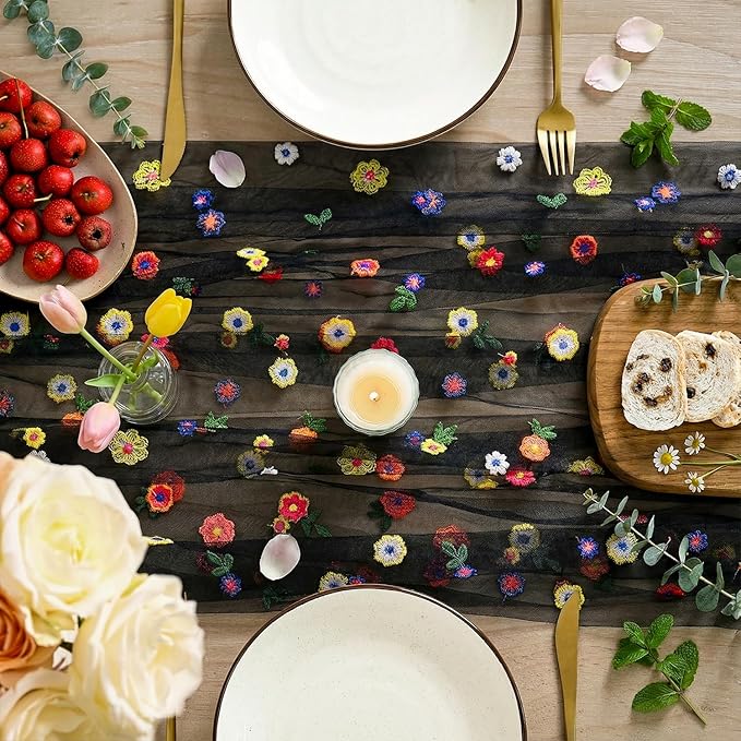 Artoid Mode Black Embroidery Daisy Spring Gauze Table Runner 59x120 Inch 10FT, Seasonal Sheer Kitchen Dining Holiday Wedding Birthday Table Decor for Home Party