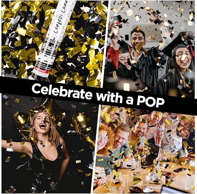Blaise Pyro & Party Black & Gold Confetti Poppers - Easy to Use Confetti Cannons for Weddings, Birthdays, Anniversaries & More - 2 Pack, 12 Inch