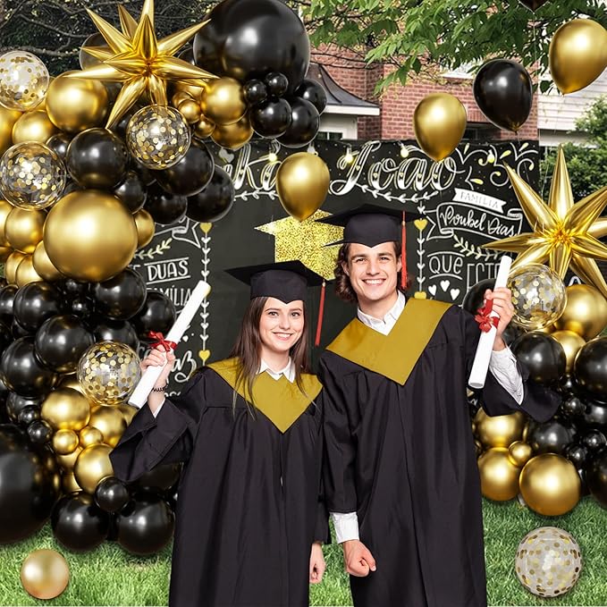 Black Gold Balloon Arch Kit Graduation Decorations 2026, 130Pcs Black and Gold Balloons and Foil Star Balloon with Confetti Ribbons Grad Party Decorations for College High School Class of 2026