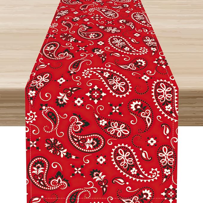 Red Paisley Table Runner, Rustic Damask Antique Floral Flower Retro Boho Swirled Pattern Vintage Coffee Table Center Decor for Family Kitchen and Living Room Outdoor Table Decorations, 13"x90"