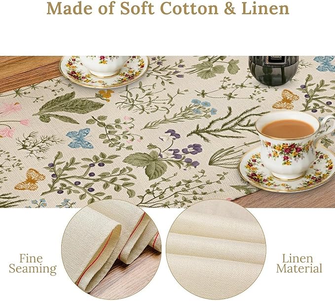 Vintage Wildflower Table Runner,Spring Floral Herbs Botanical Summer Butterfly Print Table Runner for Kitchen Dining Table Home Party Decor 13x60in