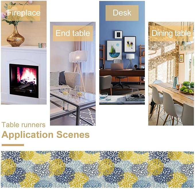 Dahlia Flower Table Runner,Blue Yellow Floral Print Table Runner for Kitchen Dining Table Dinner Holiday Home Party Indoor Outdoor Decor 13x70in