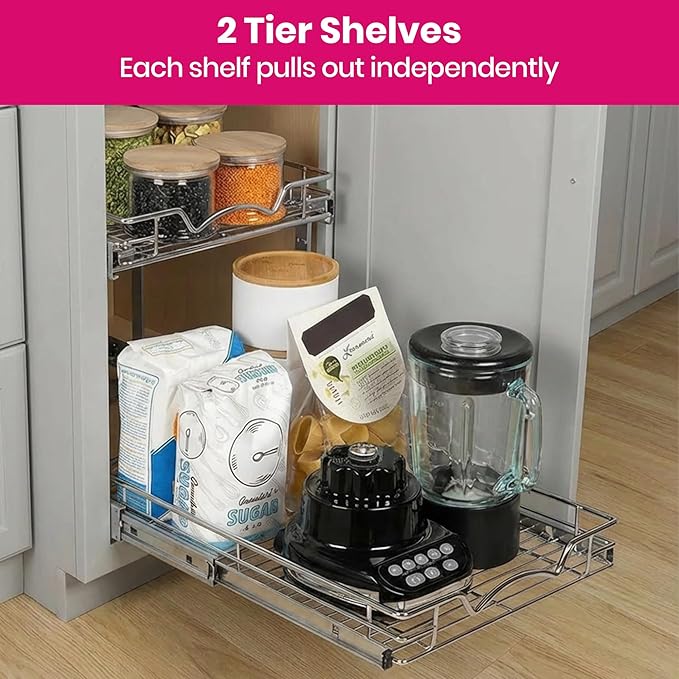 2-Tier Pull-Out Cabinet Organizer with Heavy-Duty Steel Frame, Full-Extension Sliding Shelves, Holds 100 lbs, Easy Install for Kitchen, Pantry & Under Sink Cabinets, 30" W x 21”D x 16.5" H