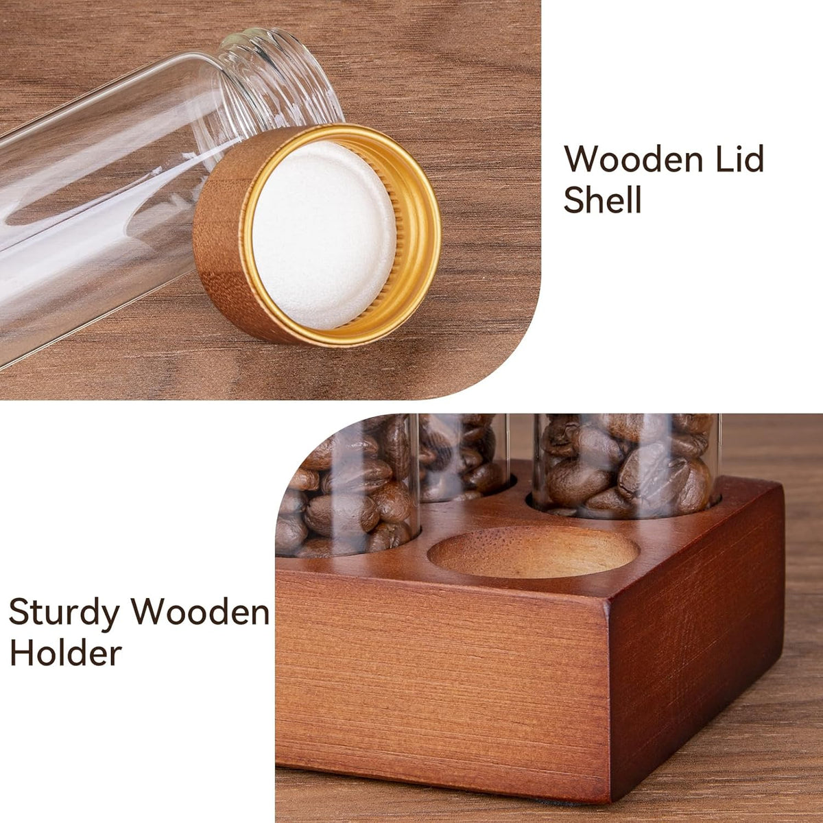 Single Dose Coffee Bean Storage Tubes with Wooden Base and Lids,Set Of 12 Dosing Glass Vials for Coffee Benn Container Cellars, Espresso Bean Canisters Set,6pc- 2 fl oz, 6pc-1.7 fl oz
