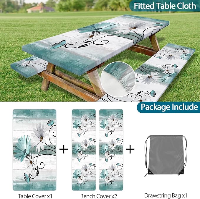Rustic Farmhouse Teal Flower Picnic Table Cover with Bench Covers, Waterproof Teal Daisy Floral Flowers Butterfly on Country Wooden for Camping Indoor Outdoor Party Decorations, 30X72in
