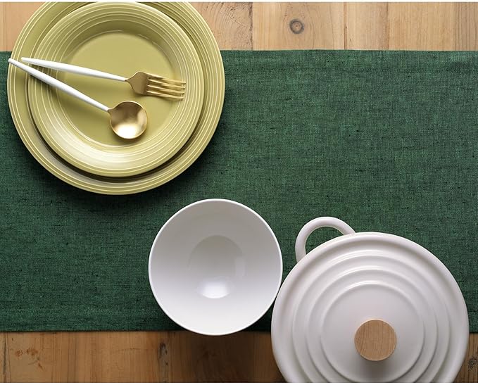 Solino Home Linen Table Runner 144 Inches Long - Athena, 100% Pure Linen Forest Green 14 x 144 Inch Table Runner for Dining, Winter, Easter, St Patricks Day