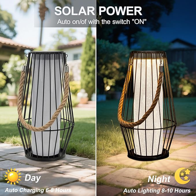 Outdoor Solar Lanterns 13" Large Solar Hanging/Standing Lantern Lights Waterproof Rechargeable Metal Table Lamp with Retro Handle for Garden, Yard, Patio, Proch, Wedding Decoration
