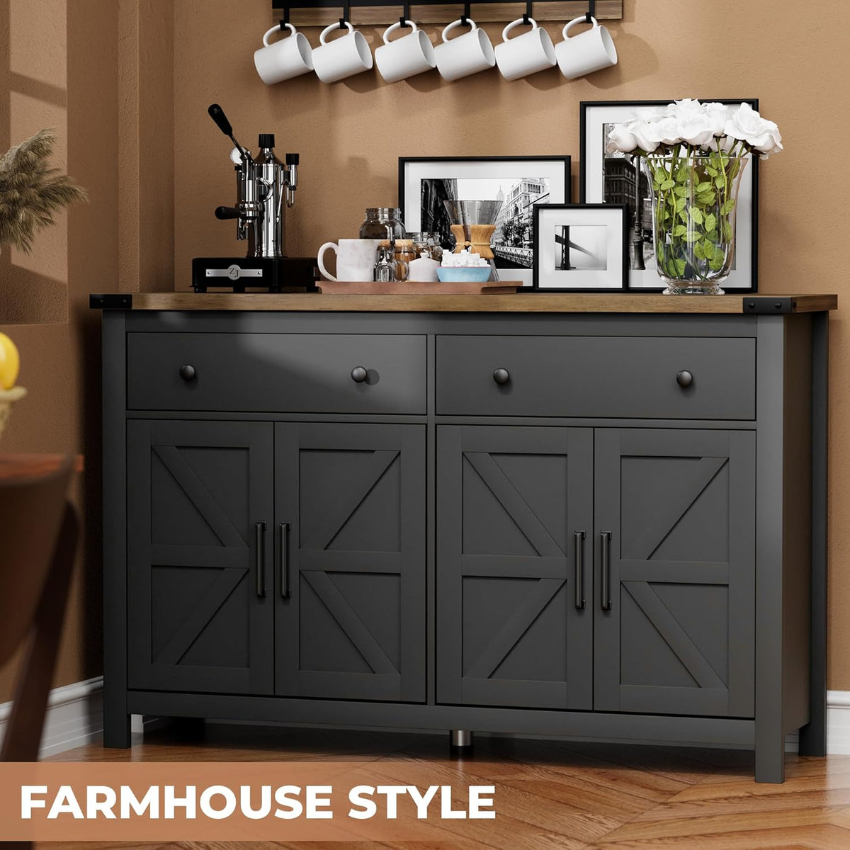 55" Sideboard Buffet Cabinet with Storage, Coffee Bar Cabinet with 2 Drawers and 4 Barn Doors, Long Storage Cabinet Modern Farmhouse, Black Wood