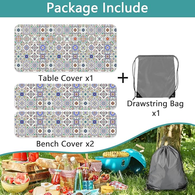 Picnic Table Cover with Bench Covers, Camping Essentials, Buffalo Plaid Waterproof Windproof Camping Tablecloth, Fitted Tablecloth Cover with Elastic Edge, for Garden & Outdoor, 3 PCS, 30x72 Inch