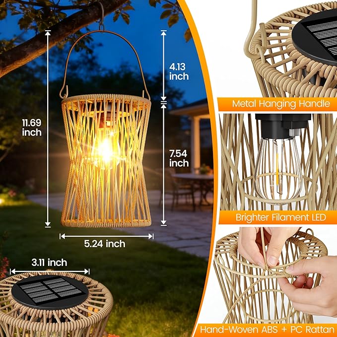 Solar Lanterns Outdoor Waterproof 2 Pack, Upgraded Rattan Hanging Solar Lights for Outside with Handle, Bright Auto On/Off Decorative Outdoor Lanterns for Patio Garden Yard Porch, Gifts for Mom