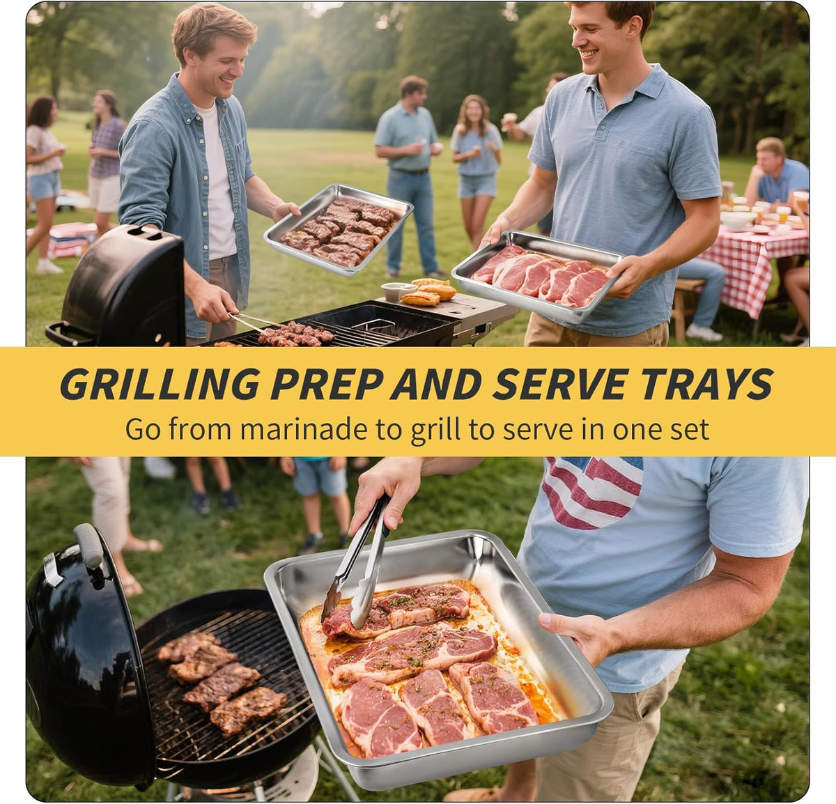 Grilling Prep and Serve Trays, Stainless Steel Large Capacity Food Prep Tray, Grill Carry System, Marinade Container with Lid and Cutting Board