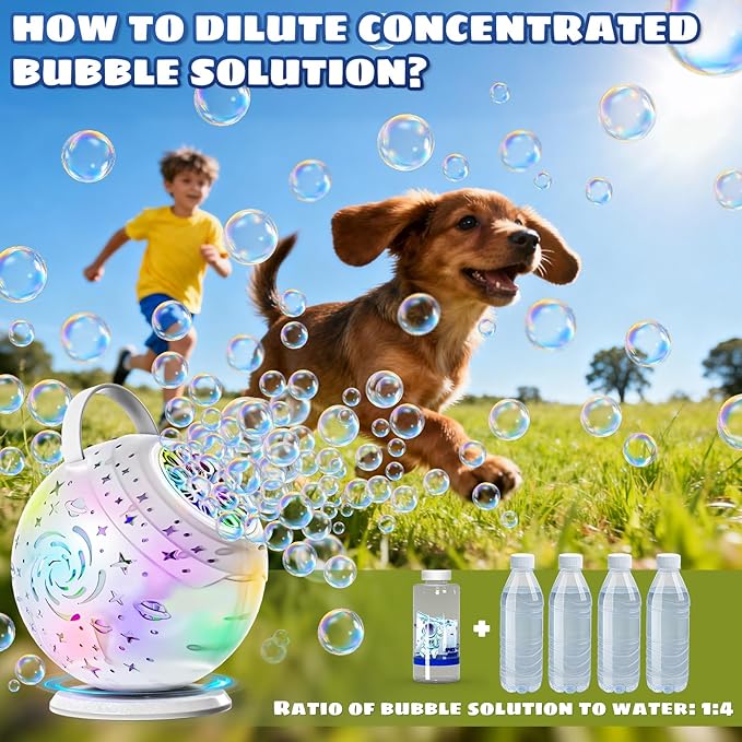 Rechargeable Bubble Machine - Auto 90°/360° Rotation, Remote Control and 7 Colors RGB LED Light, Bubbles Maker Toys for Kids, Bubbles for Wedding Parties, Easter Birthday and Xmas Gift for Boys Girls