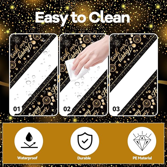 2pack Black and Gold Happy New Year Plastic Tablecloth, 54 x 108 Inch Disposable Rectangle Table Covers with Fireworks, Champagne, and Ornaments for New Year’s Eve Parties Dinners Celebrations