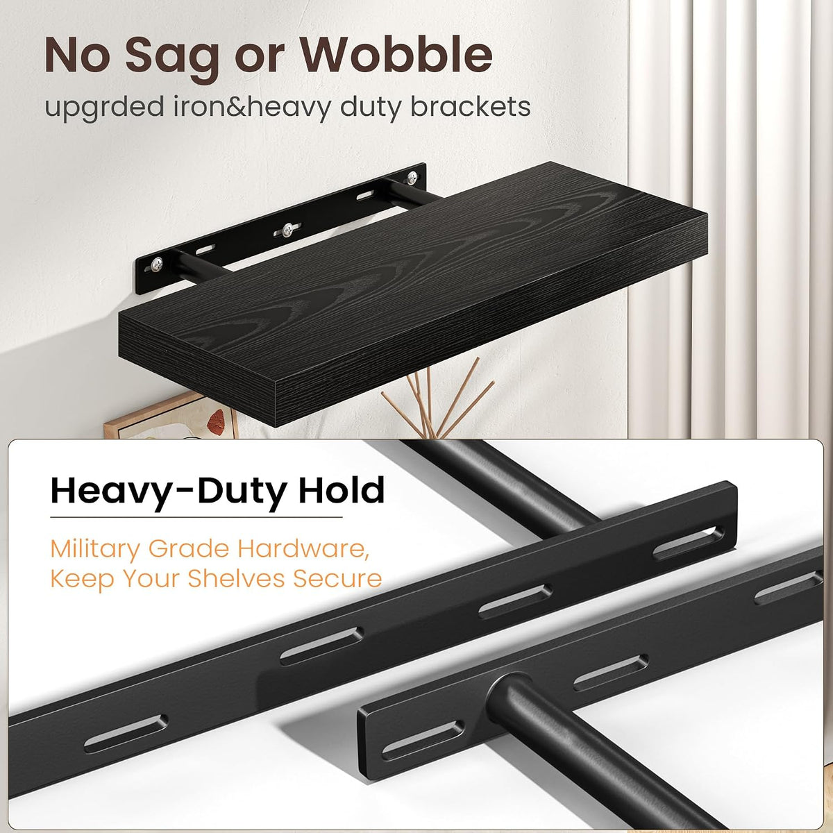 24" Floating Shelves for Wall, Wooden Wall Mounted Shelf, Set of 2, Black