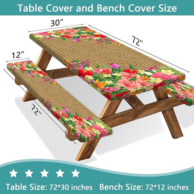 JAWO Hawaiian Tropical Floral Picnic Table Cover with Bench Covers, 3PCS Waterproof Polyester Elastic Fitted Outdoor Tablecloth, Camping BBQ RV Patio Luau Party Essentials with Carry Bag,60in