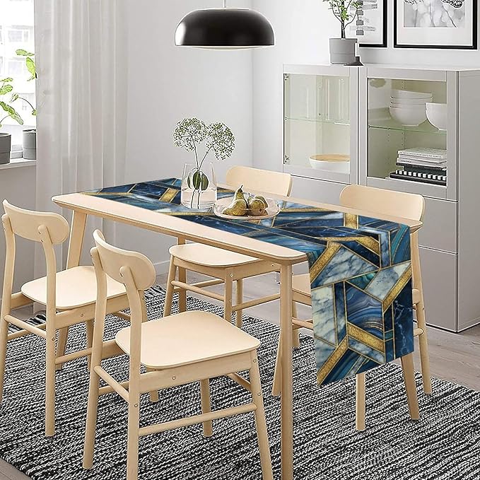 Marble Texture Table Runner, Dark Blue Gold Modern Mosaic Design Table Runner Decoration for Kitchen Family Dinner Table Holiday Party Farmhouse 13x120in