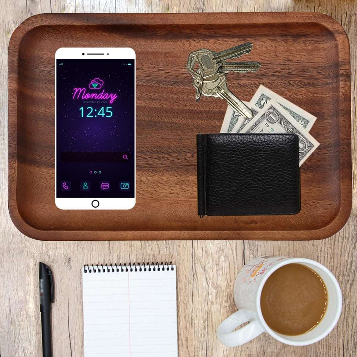 Serving Acacia Wood Valet Tray for Men Women, Catch All Acacia Mens Key Dump Bedside Nightstand Organizer EDC Decorative Wooden Tray for Phone Watch