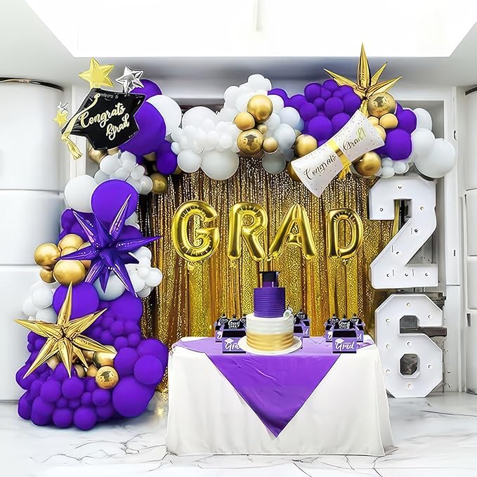 2026 Graduation Decorations Purple Gold White - 115Pcs Balloon Arch Kit with Certificate & Star Foil Balloons, Class of 2026 Graduation Party Supplies for College, High School Grad Prom Decor