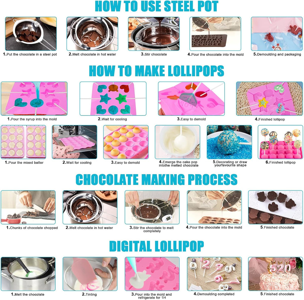 Cake Pop Maker Kit 618Pcs with 5 Silicone Mold Sets - 3 Tier Display Stand, Chocolate Candy Melting Pot,Piping Tips and Coupler, Measuring Cup