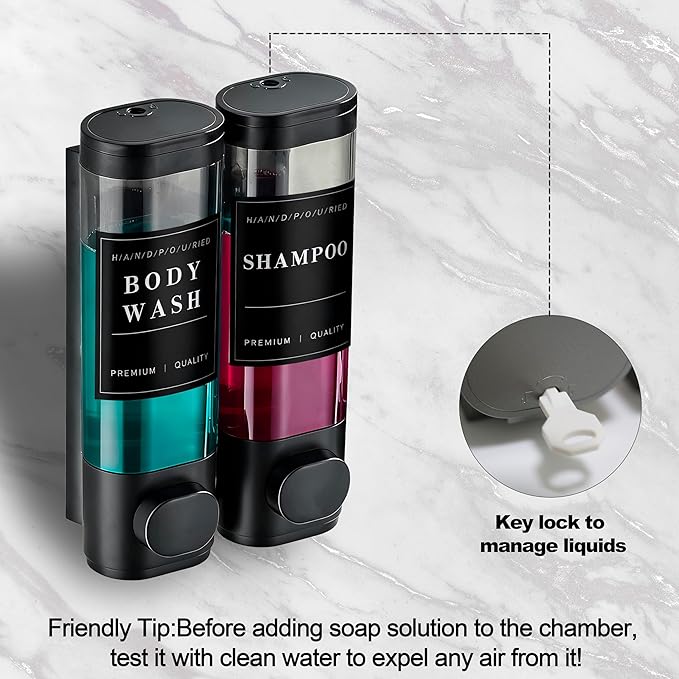 CeeVian Shampoo Dispenser Soap Dispenser 2 Chamber No Drill Wall-Mounted Shampoo Dispenser for Shower Wall Mounted Shower Soap Dispenser for Bathroom Hotel Black,2 * 300ML (Black)