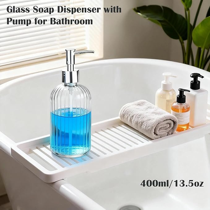 Glass Soap Dispenser Refillable: 400ml 13.5Oz Hand Soap Dispenser with Pump for Kitchen Bathroom Shower, Decorative Modern Liquid Soap Dispenser for Dish, Hand Soap, Body Wash, Lotion