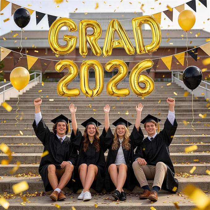 Gold Grad 2026 Balloons, 2026 Graduation Decorations Set Congrats Grad Foil Balloons Banner Sign for Class of 2026 Graduation Decorations College High School Prom Party Backdrop Supplies