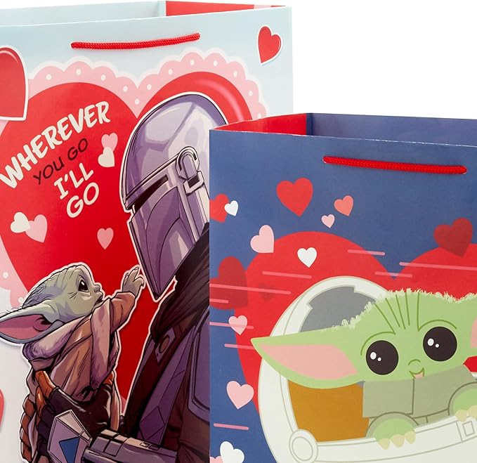 Hallmark Star Wars The Mandalorian Valentine's Day Gift Bag Set (2 Bags: 1 Large 13", 1 Extra Large 15") Grogu, Baby Yoda, for Kids, Husbands, Fans, May the 4th