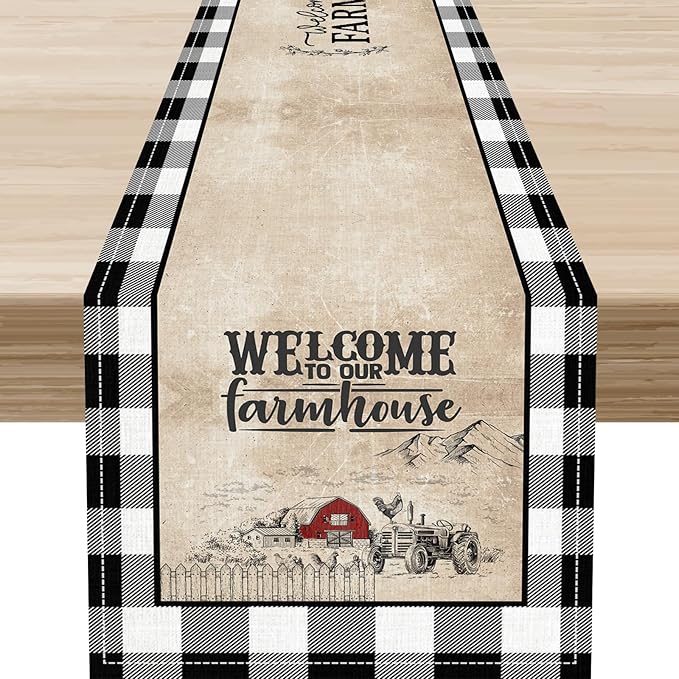 Farmhouse Table Runner, Rustic Country Barn Cottage Check Animal Coffee Table Center Decor for Home Kitchen Dining Patio Holiday Party Indoor Outdoor Table Decorations 13"x90"