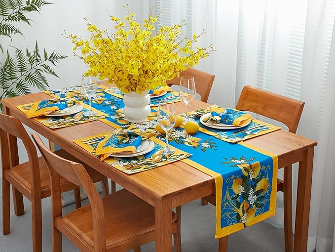 YiHomer Provence Blue Lemon Mediterranean Tile Tabletop for Spring Summer Decorations, Picnics and Dinner Parties - Indoor Outdoor, Stain and Water Resistant, Table Runner, 14 x 72