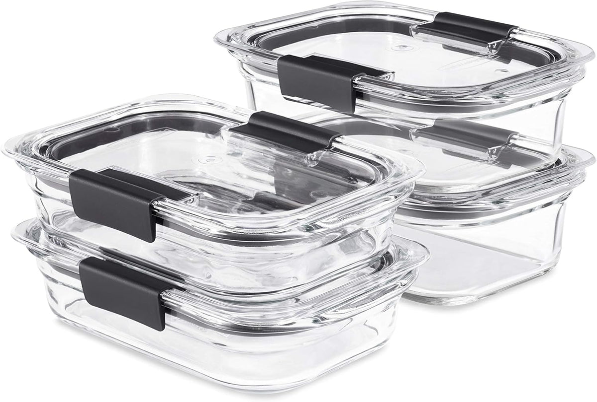 Rubbermaid Brilliance Glass Food Storage set of 4 containers 8 total pieces (4 containers + 4 lids) for Lunch Meal Prep and Leftovers Dishwasher and