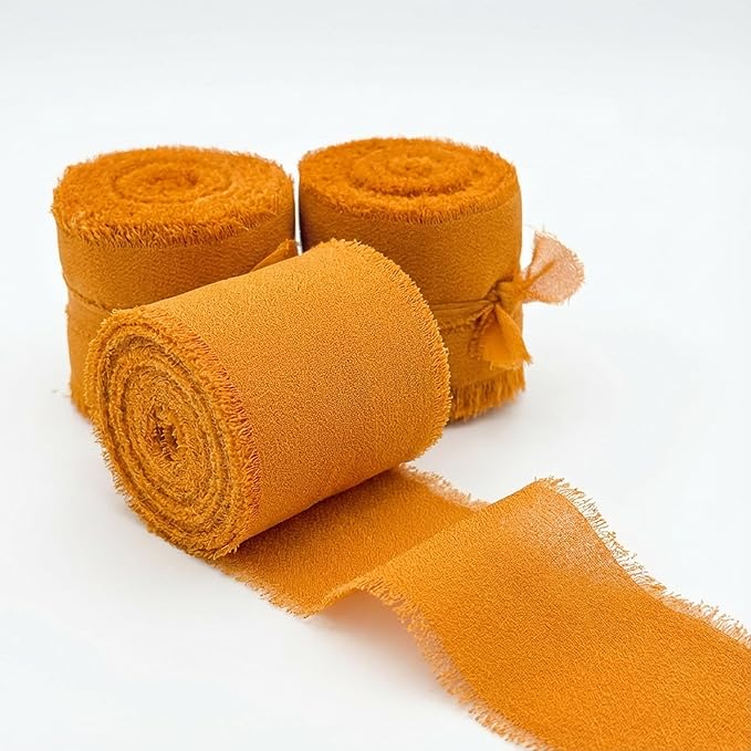 Handmade Chiffon Ribbon 1.5 Inch Wide, 3 Rolls 21 Yards, Terracotta Frayed Edge Fabric Ribbon for Wedding Decor, Floral Design, Gift Wrapping & Craft Projects(Terracotta)