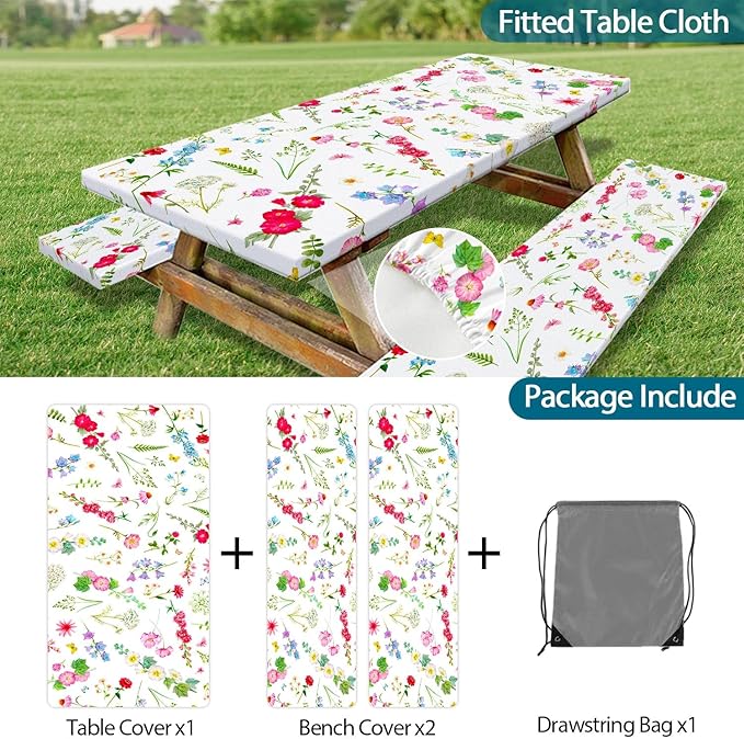 Picnic Table Cover with Bench Covers Elastic Edges, Colourful Wild Flower Rectangle Table Cover Patio Camping Essentials, Elastic Edge Windproof Fabric Outdoor Camping Garden Picnic Table Cloth