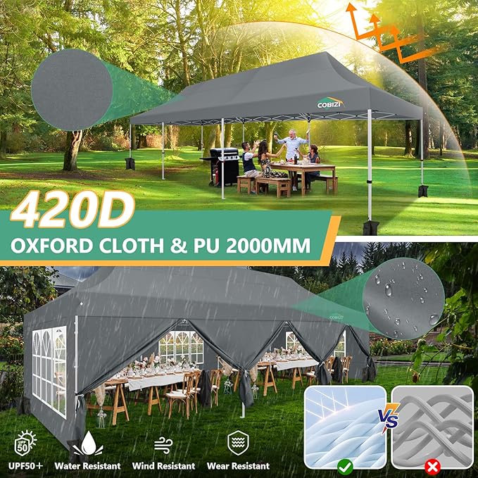 COBIZI 10x30 Pop Up Canopy with 8 Removable Sidewalls Party Tents for Parties Wedding Patio Commercial Waterproof and UV50+ Ez Outdoor Instant Gazebo with Roller Bag & 4 Sandbags（Slate Grey）
