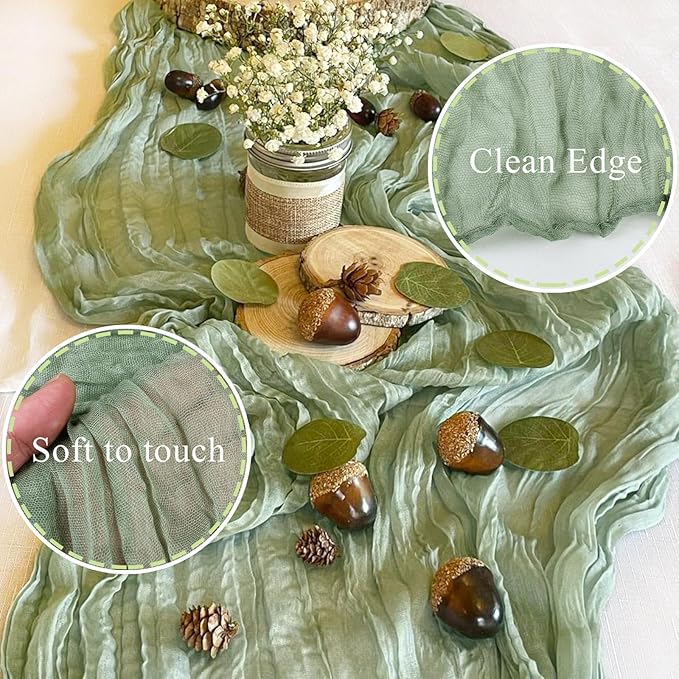 Sage Green Cheesecloth Table Runner 13.3FT Rustic Sheer Gauze Table Runners 157 Inch Boho Cheese Cloth Table Decorations for Summer Wedding Party Bridal Baby Shower Home Decor