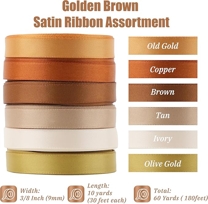 MAYREEL 3/8 Inch Gold Satin Ribbon Golden Brown for Gift Wrapping Wedding Bridal Shower Baby Shower Party Decorations 6 Rolls x 10 Yards Total 60 Yards