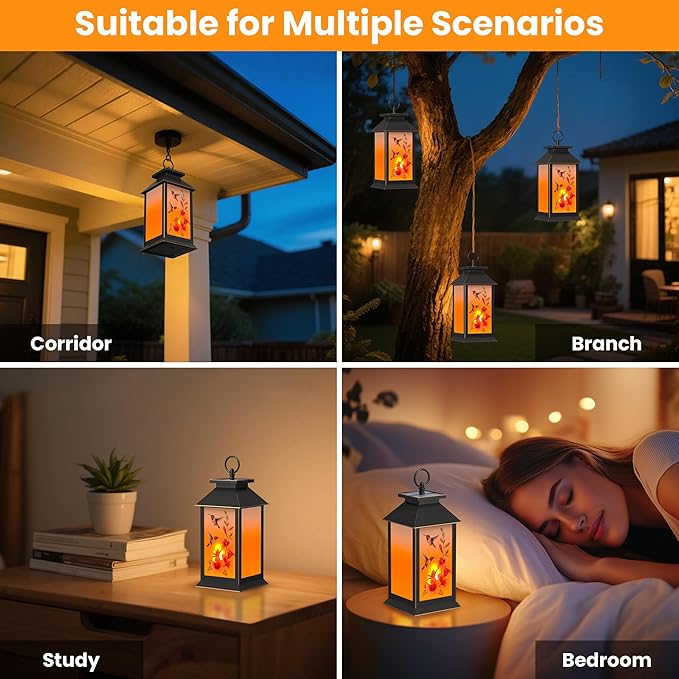 2 Pack Hanging Solar Lanterns, Hummingbird Flame Lantern, Outdoor Waterproof Upgraded Solar and 2 AA Batteries Powered, for Outside Porch, Patio and Indoor Tables, Mantelpiece.
