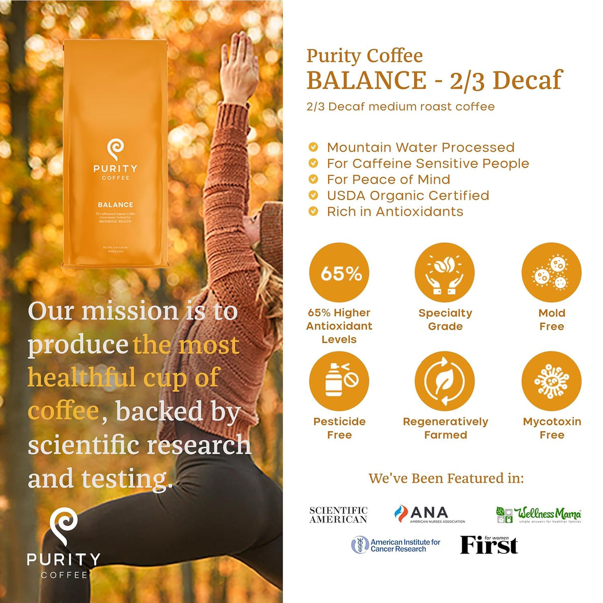 Purity Coffee Balance 2/3 Decaf Medium Roast Ground Coffee (12oz Bag) - Specialty-Grade Mountain Water Processed Decaf + Regular Arabica Blend- USDA