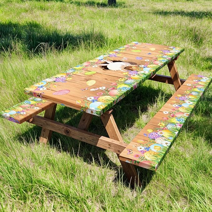 Easter Picnic Table Cover with Bench Covers, Cute Bunny Flower Brown Wooden Board Camping Tablecloth, Waterproof Windproof, Fitted Tablecloth Cover with Elastic Edge, for Outdoor, 3 PCS, 30x60 Inch