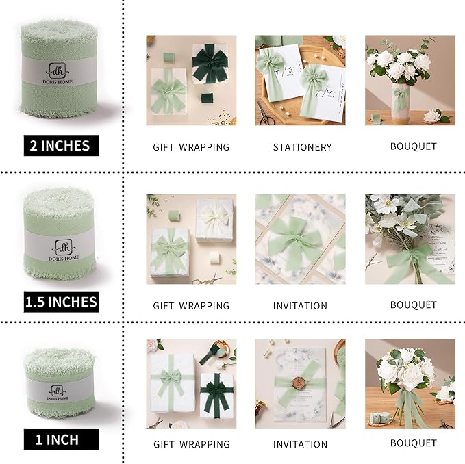 DORIS HOME 2" x21Yd Chiffon Ribbon for Flower Bouquet, Green & Cream Fabric Ribbon for Gift Wrapping, Handmade Frayed Ribbon for Wedding/Christmas Decorations