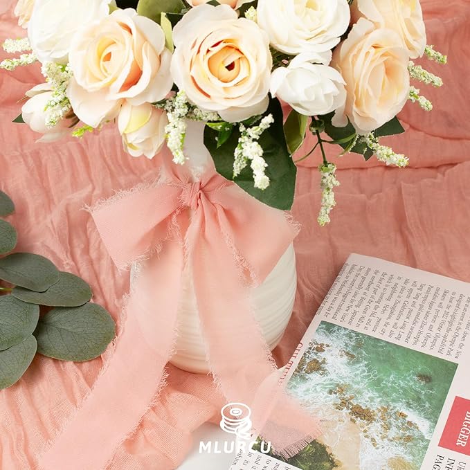Blush Rose Chiffon Ribbon - 1.5 Inch x 21 Yards, Frayed Silk Boho Ribbon for Gift Wrapping, Wedding Invitations, Bridal Bouquets